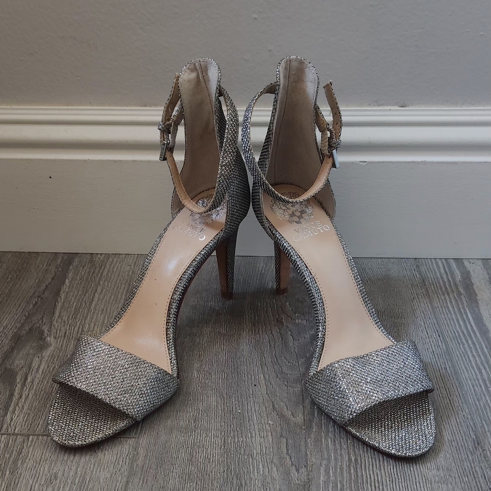 Vince Camuto Silver Glitter Ankle-Strap Stiletto Sandals